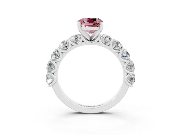 White gold Cushion Cut Morganite Prong Setting with Side Stones on a Pave Band