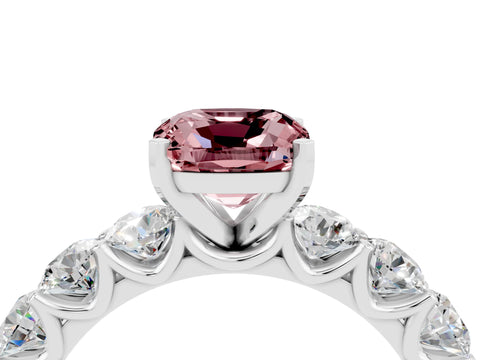 White gold Cushion Cut Morganite Prong Setting with Side Stones on a Pave Band_4