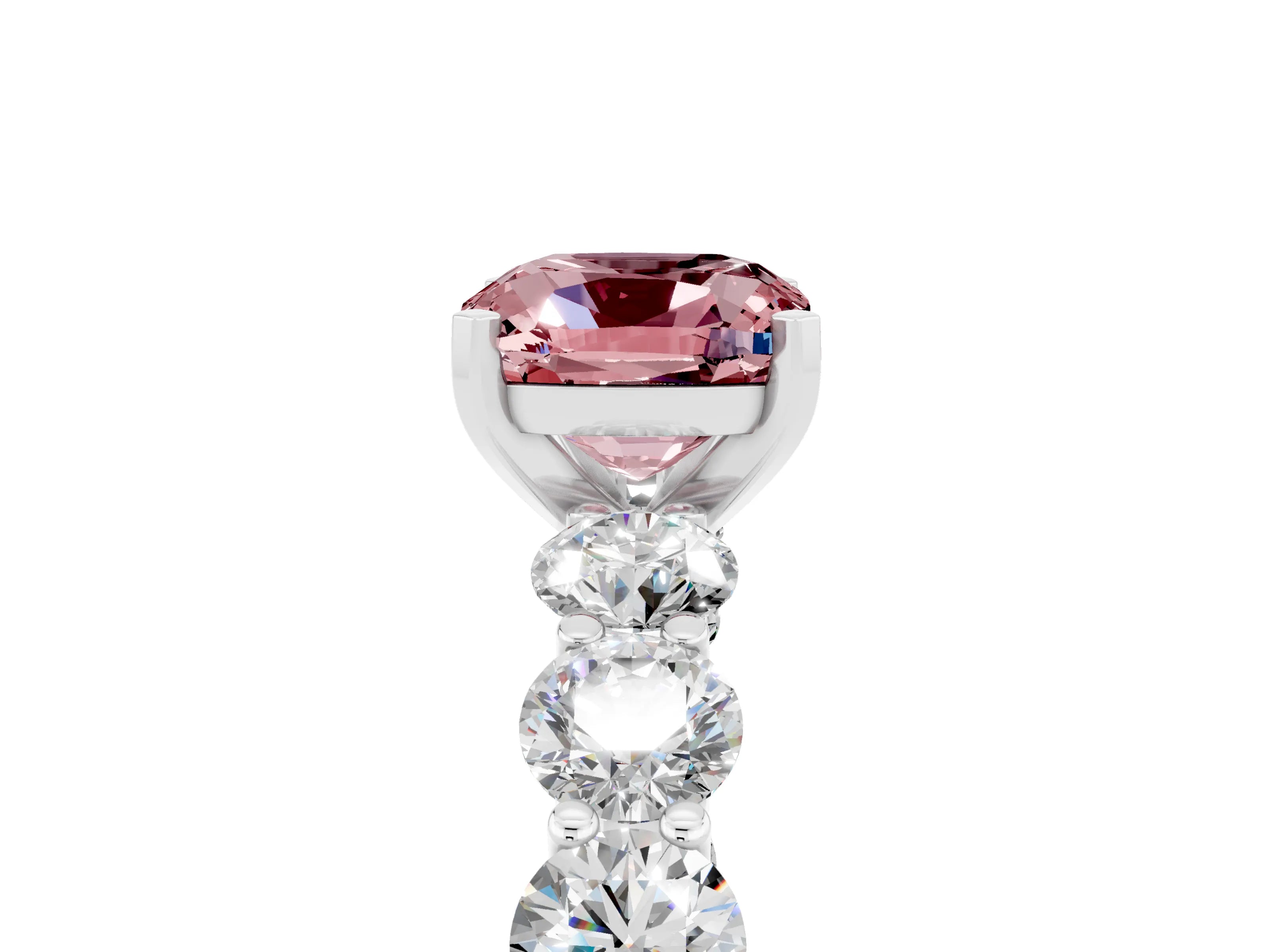 White gold Cushion Cut Morganite Prong Setting with Side Stones on a Pave Band_5
