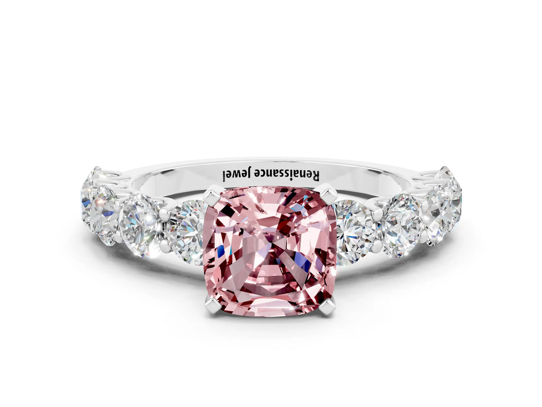 White gold Cushion Cut Morganite Prong Setting with Side Stones on a Pave Band