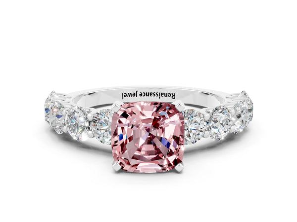 White gold Cushion Cut Morganite Prong Setting with Side Stones on a Pave Band