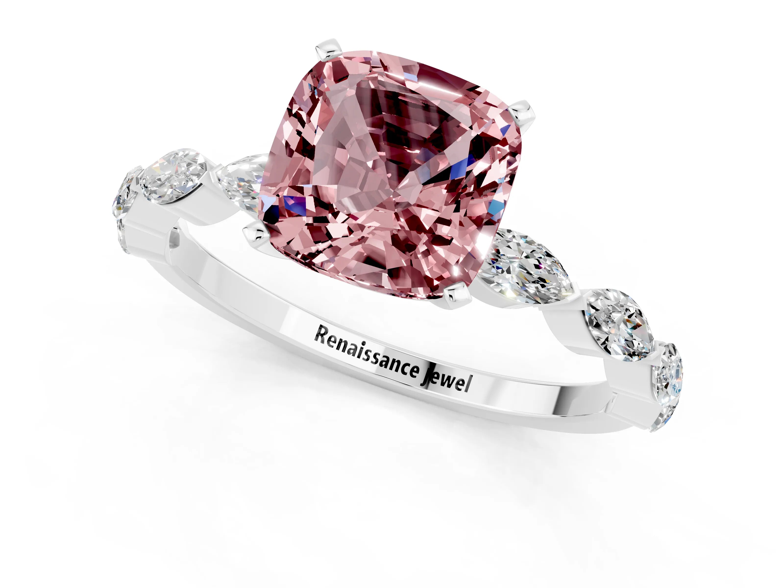 White gold Cushion Cut Morganite Ring with Marquise Side Stones and Prong Setting_1