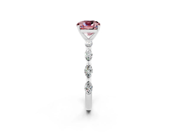 Silver Cushion Cut Morganite Ring with Marquise Side Stones and Prong Setting