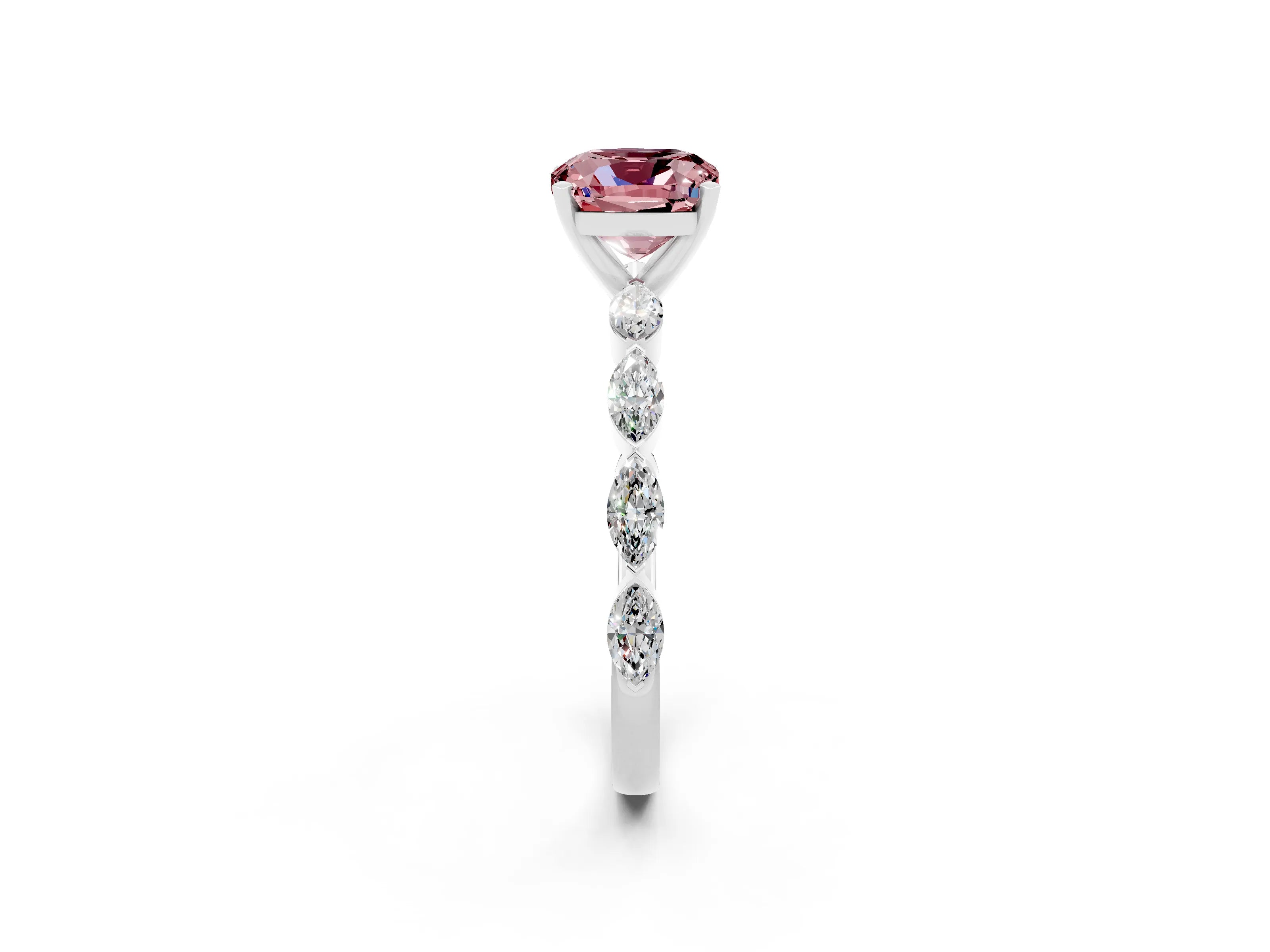 White gold Cushion Cut Morganite Ring with Marquise Side Stones and Prong Setting_2