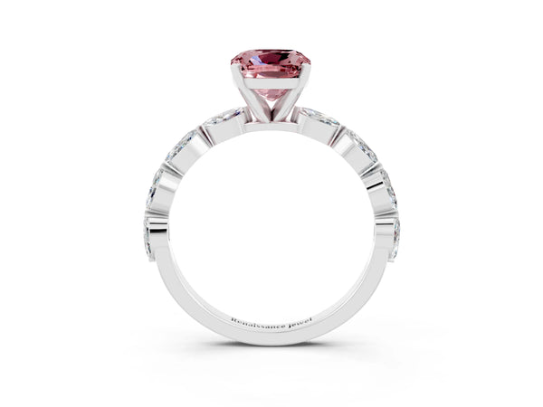 White gold Cushion Cut Morganite Ring with Marquise Side Stones and Prong Setting