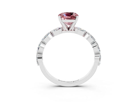 White gold Cushion Cut Morganite Ring with Marquise Side Stones and Prong Setting_3