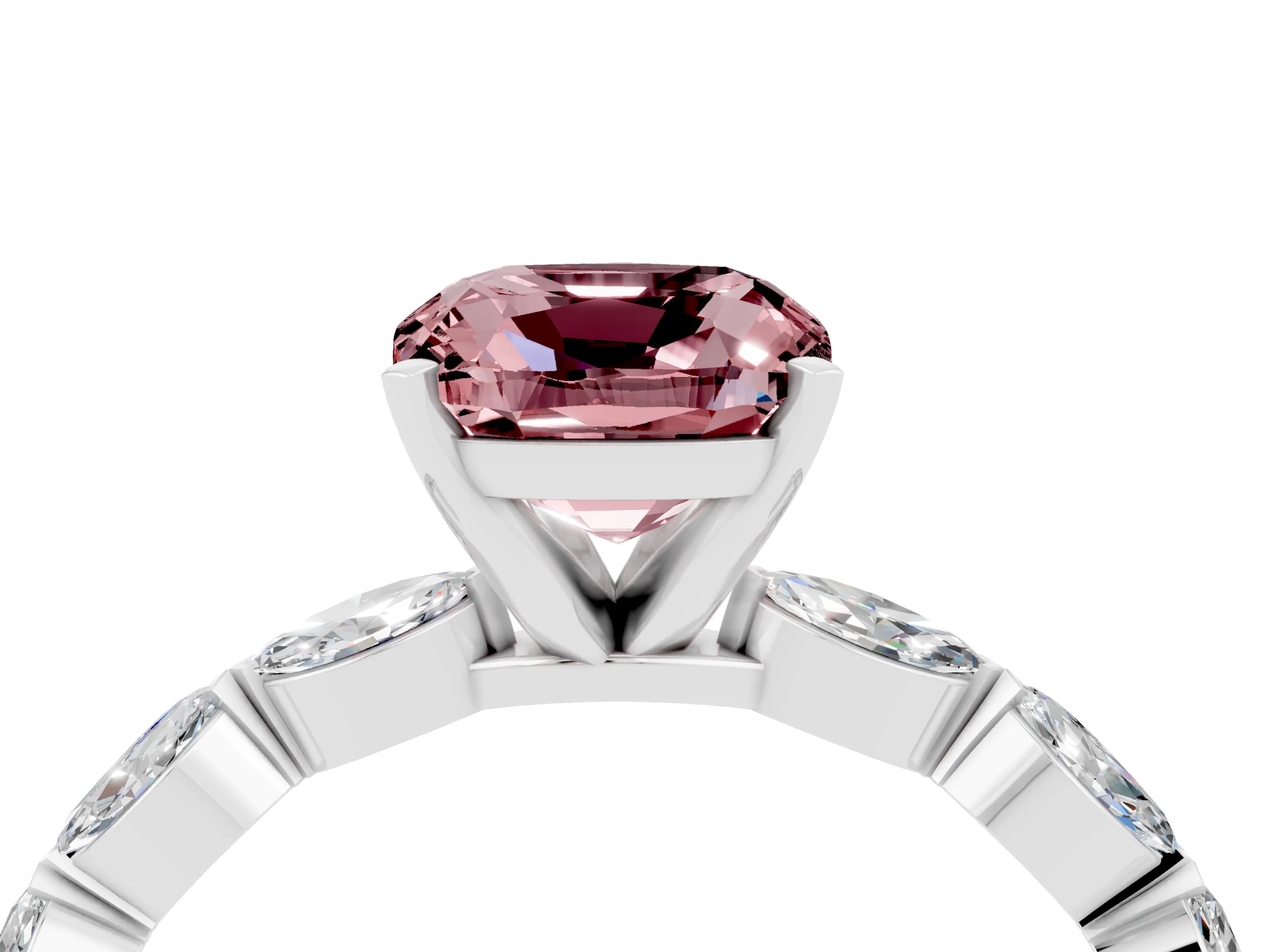 White gold Cushion Cut Morganite Ring with Marquise Side Stones and Prong Setting_4
