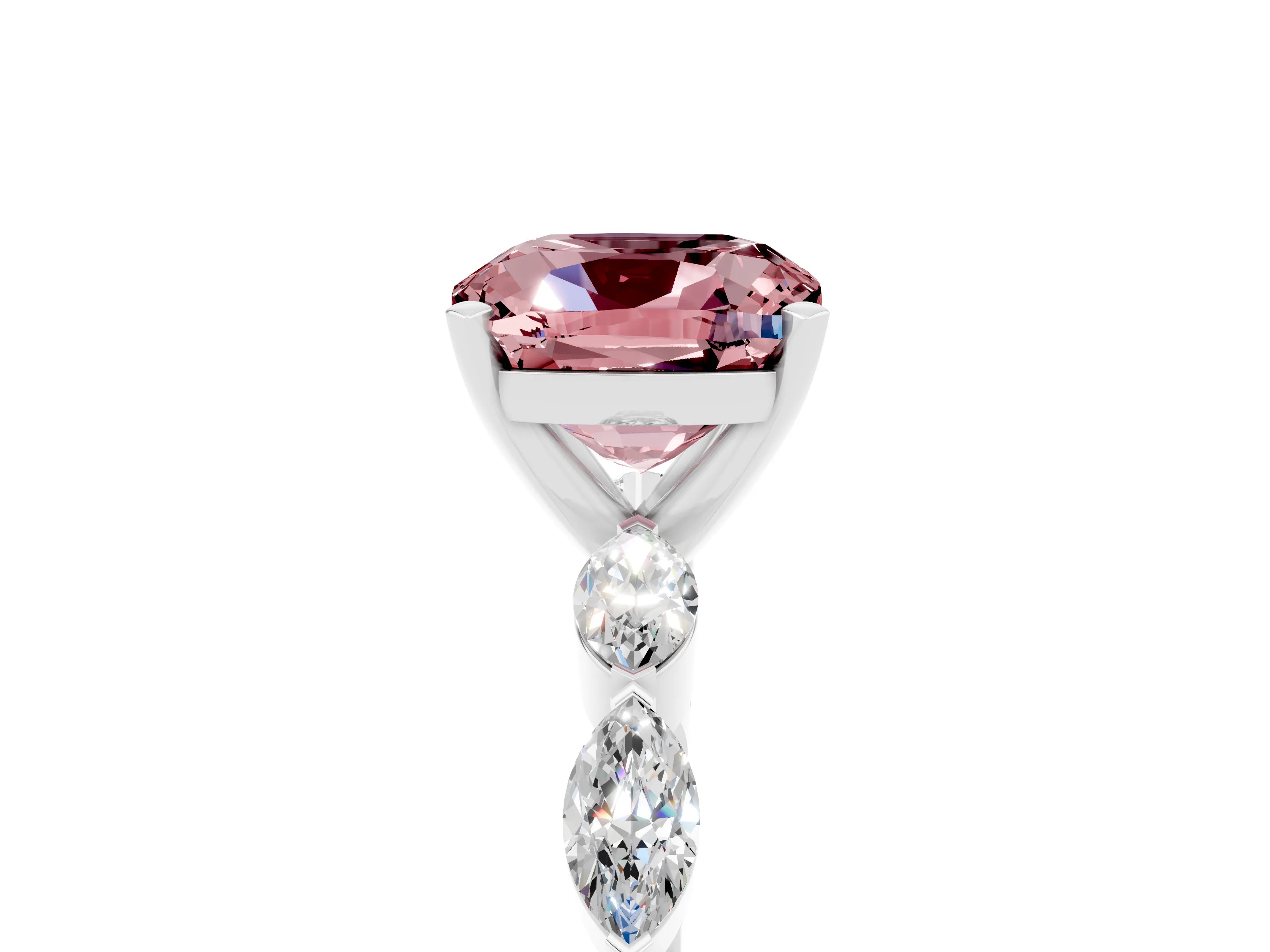 White gold Cushion Cut Morganite Ring with Marquise Side Stones and Prong Setting_5