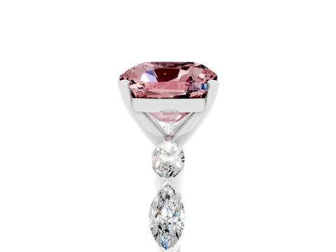 White gold Cushion Cut Morganite Ring with Marquise Side Stones and Prong Setting_5