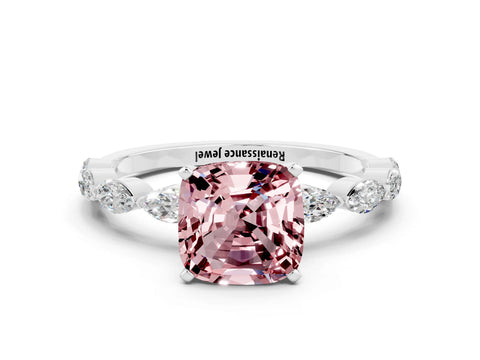 White gold Cushion Cut Morganite Ring with Marquise Side Stones and Prong Setting
