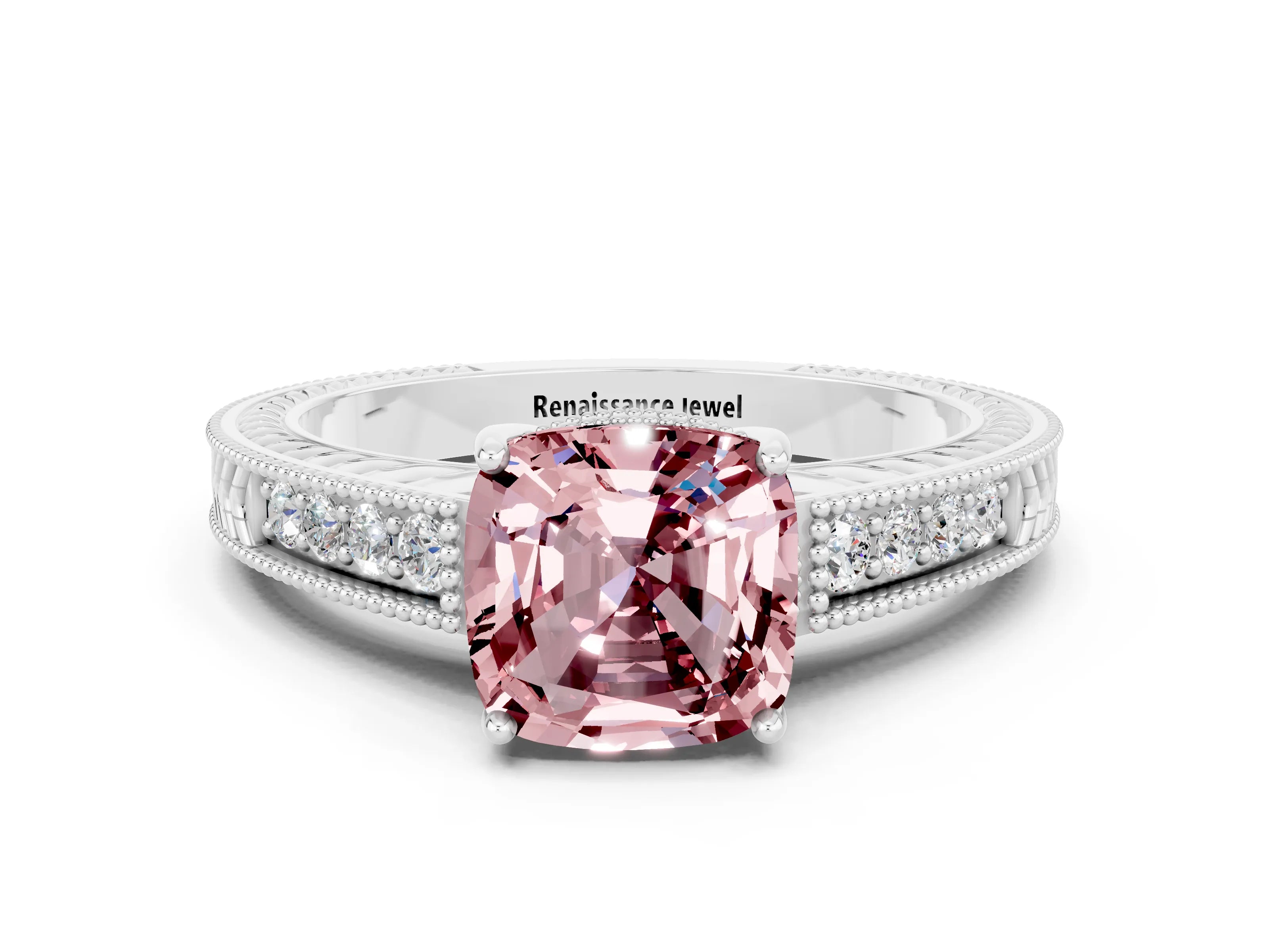 White gold Cushion Cut Morganite Ring with Milgrain Pavé Band and Four-Prong Setting_12