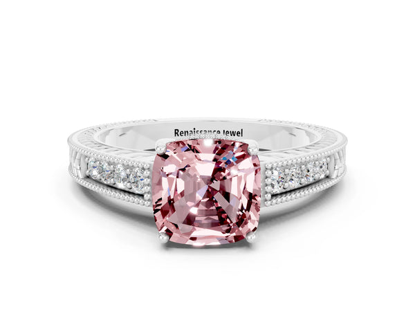 Silver Cushion Cut Morganite Ring with Milgrain Pavé Band and Four-Prong Setting
