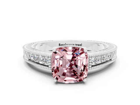 White gold Cushion Cut Morganite Ring with Milgrain Pavé Band and Four-Prong Setting_12
