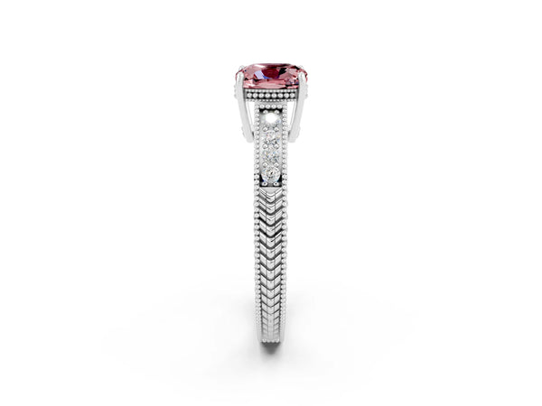Silver Cushion Cut Morganite Ring with Milgrain Pavé Band and Four-Prong Setting