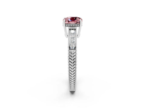 White gold Cushion Cut Morganite Ring with Milgrain Pavé Band and Four-Prong Setting_14