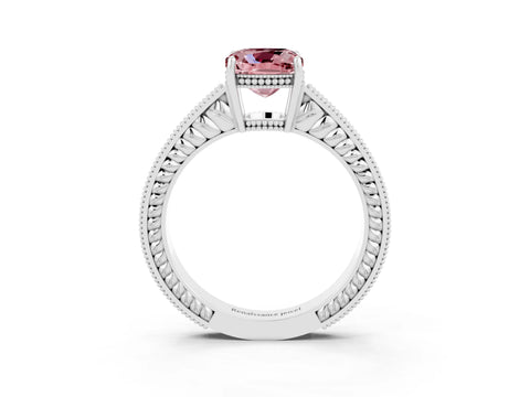 White gold Cushion Cut Morganite Ring with Milgrain Pavé Band and Four-Prong Setting_15