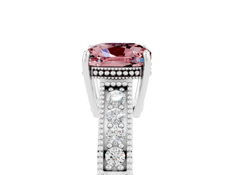 White gold Cushion Cut Morganite Ring with Milgrain Pavé Band and Four-Prong Setting_17