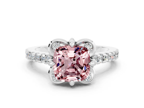 Platinum Cushion Cut Morganite Ring with Pavé Band and Floral Prong Setting
