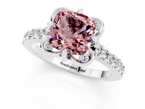 White gold Cushion Cut Morganite Ring with Pavé Band and Floral Prong Setting_1