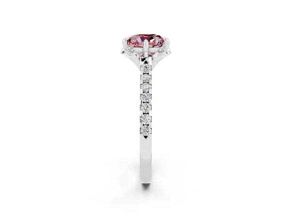 White gold Cushion Cut Morganite Ring with Pavé Band and Floral Prong Setting