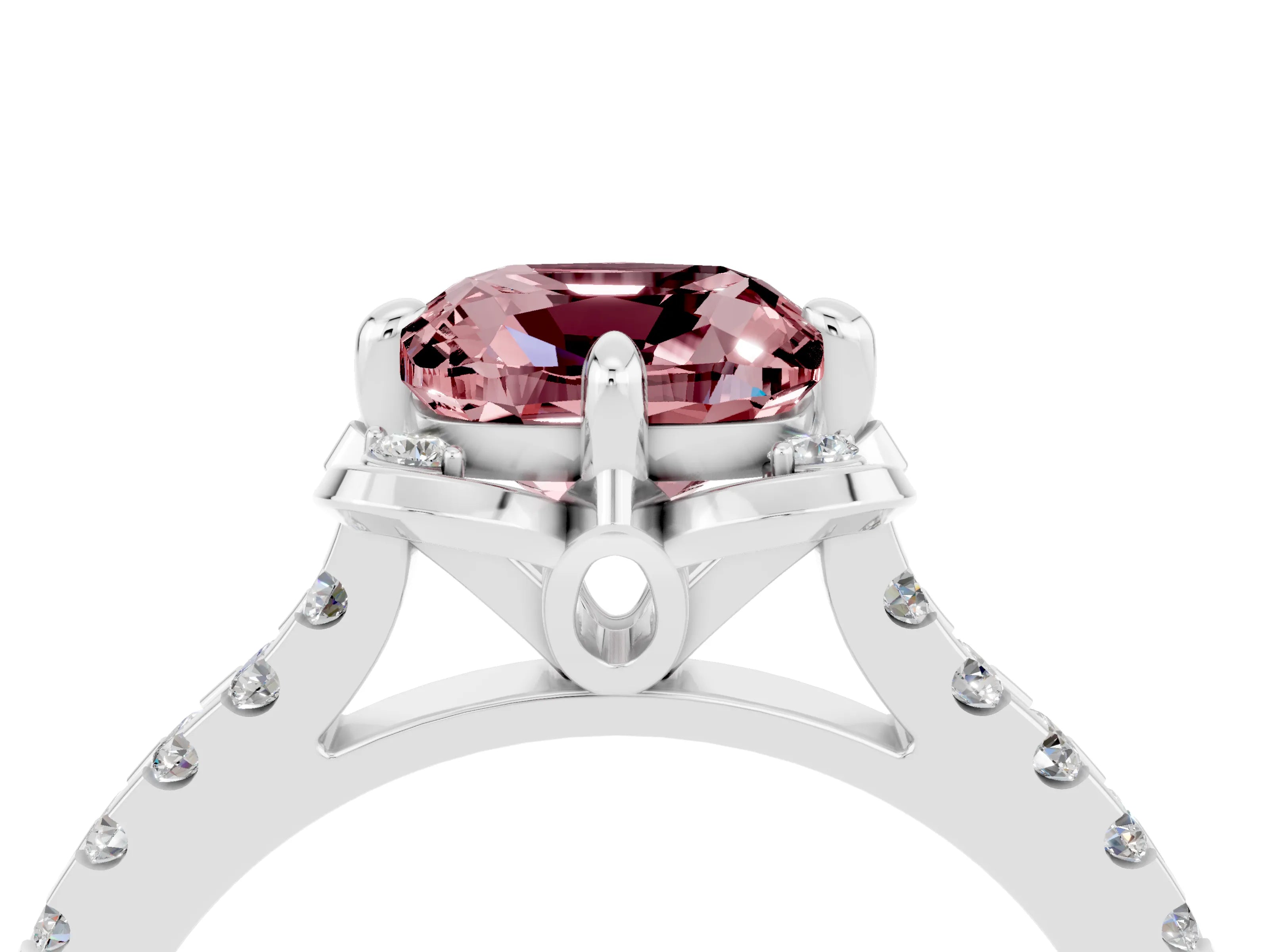White gold Cushion Cut Morganite Ring with Pavé Band and Floral Prong Setting_4