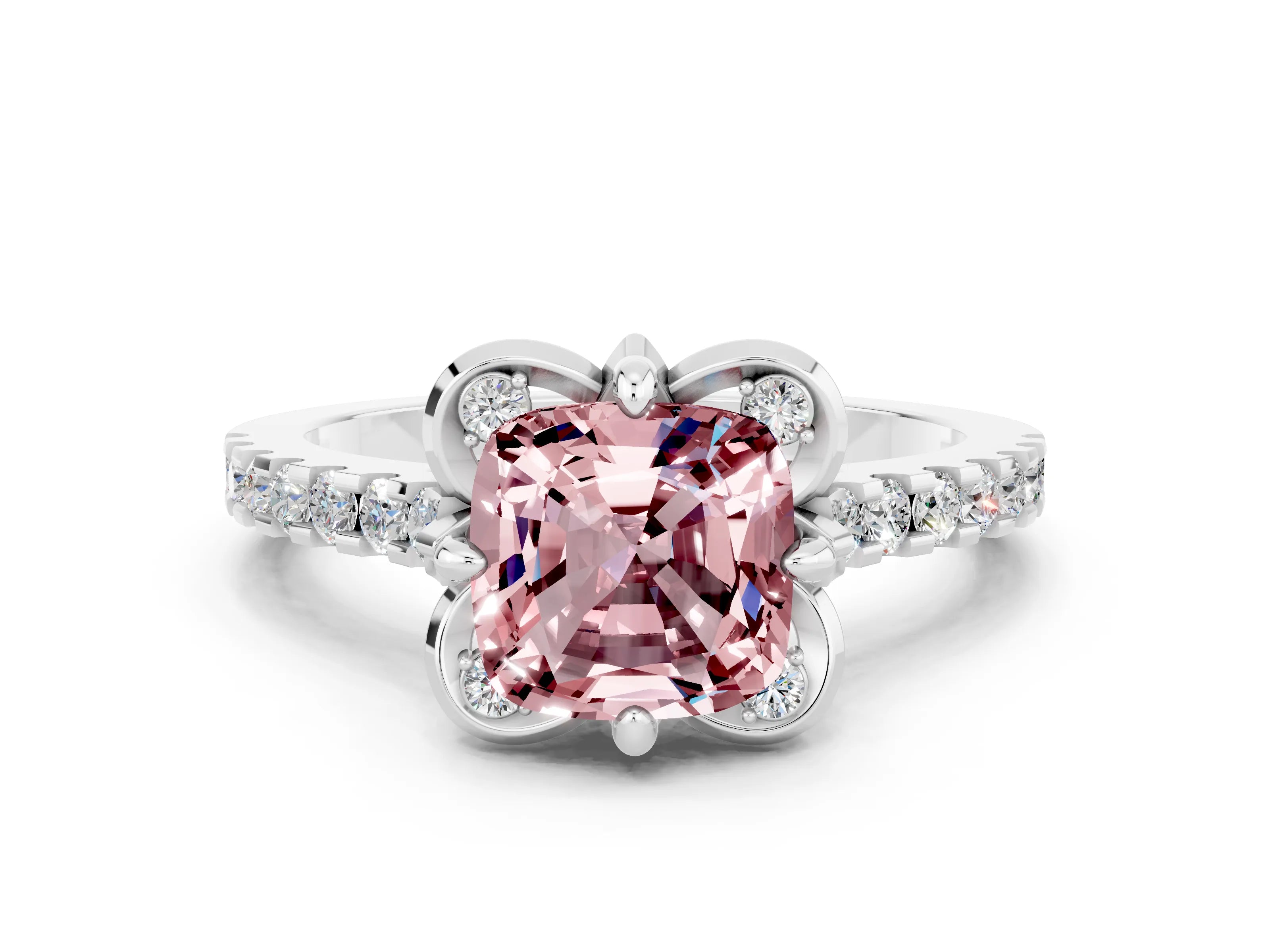 White gold Cushion Cut Morganite Ring with Pavé Band and Floral Prong Setting