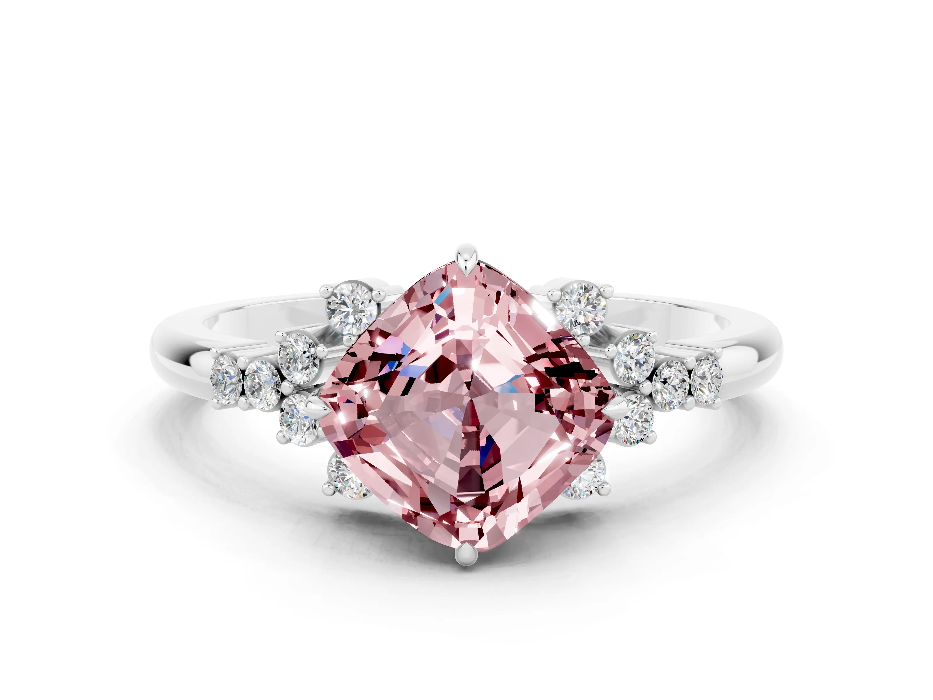 White gold Cushion Cut Morganite Ring with Side Stones and Four-Prong Setting_36