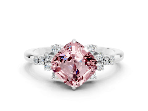 White gold Cushion Cut Morganite Ring with Side Stones and Four-Prong Setting_36