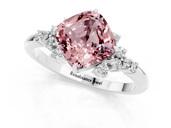 Platinum Cushion Cut Morganite Ring with Side Stones and Four-Prong Setting
