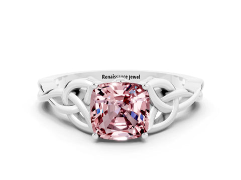 White gold Cushion Cut Morganite Solitaire Celtic Knot Ring with Four-Prong Setting_12