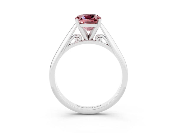 Silver Cushion Cut Morganite Solitaire Engagement Ring with Cathedral Setting and Four-Prong Mount