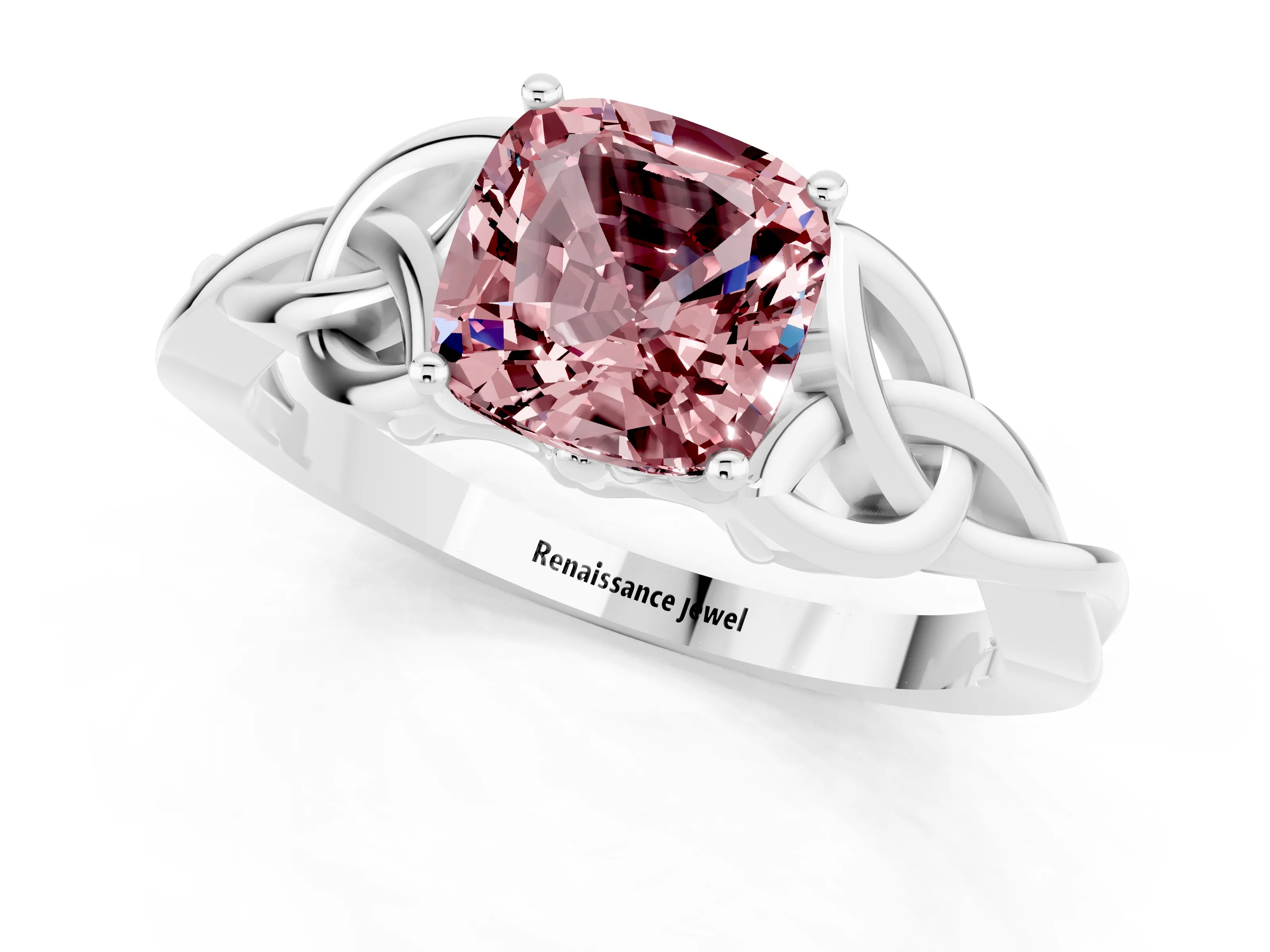 White gold Cushion Cut Morganite Solitaire Engagement Ring with Celtic Knot Band and Four-Prong Setting_1