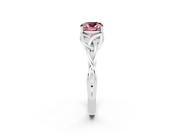 Platinum Cushion Cut Morganite Solitaire Engagement Ring with Celtic Knot Band and Four-Prong Setting