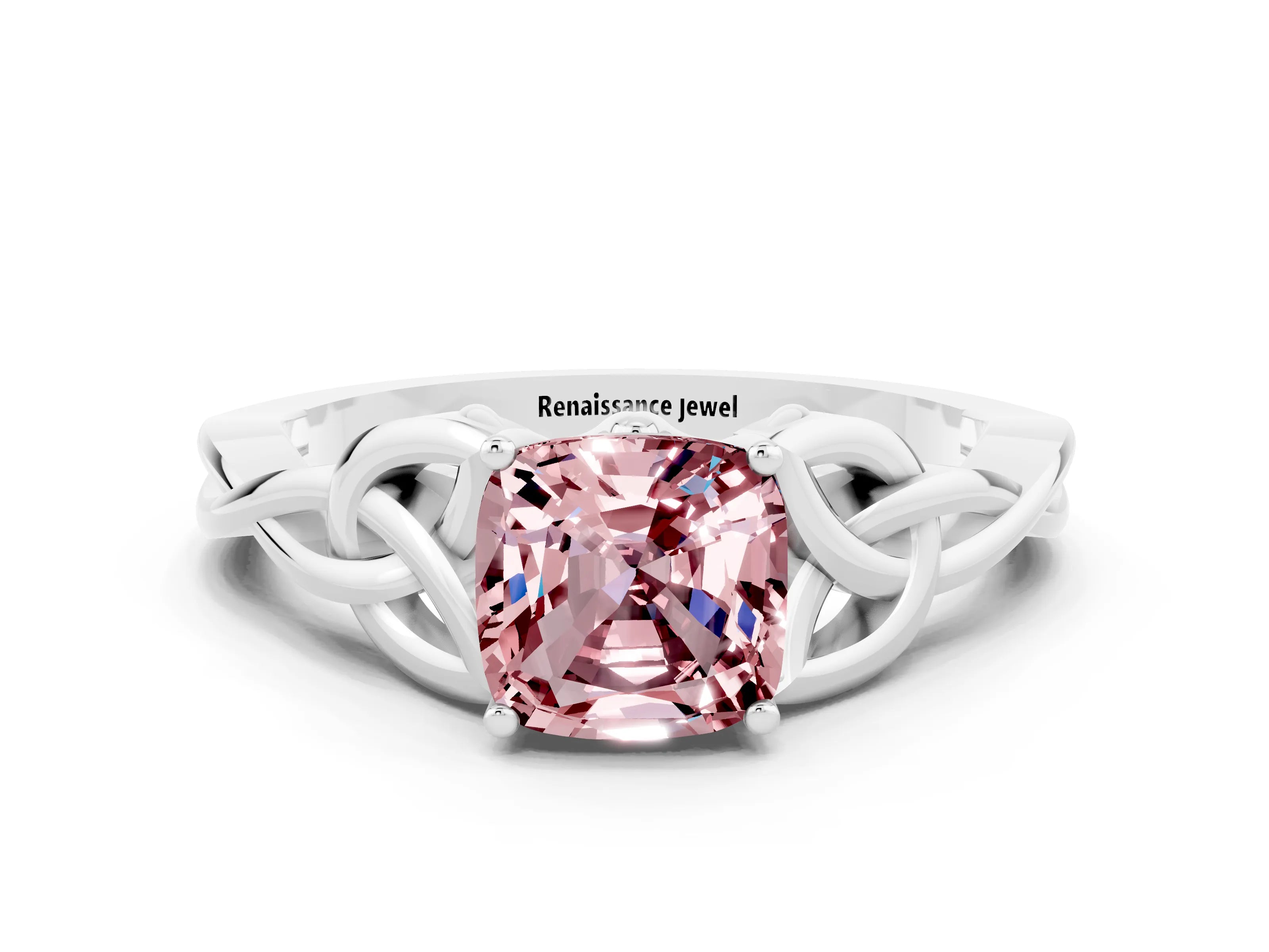 White gold Cushion Cut Morganite Solitaire Engagement Ring with Celtic Knot Band and Four-Prong Setting