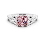 White gold Cushion Cut Morganite Solitaire Engagement Ring with Celtic Knot Band and Four-Prong Setting