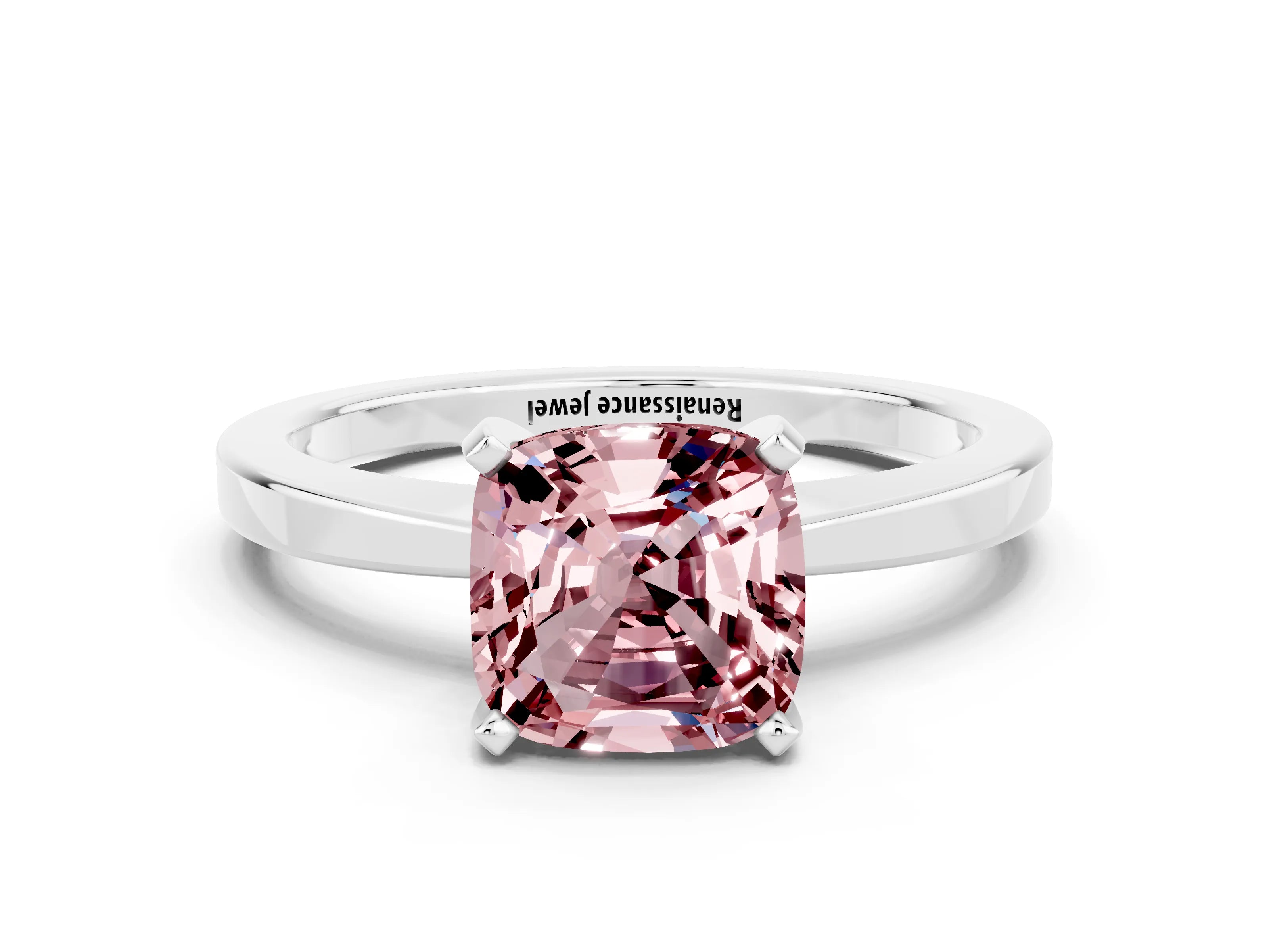 White gold Cushion Cut Morganite Solitaire Engagement Ring with Classic Band and Four-Prong Setting_24