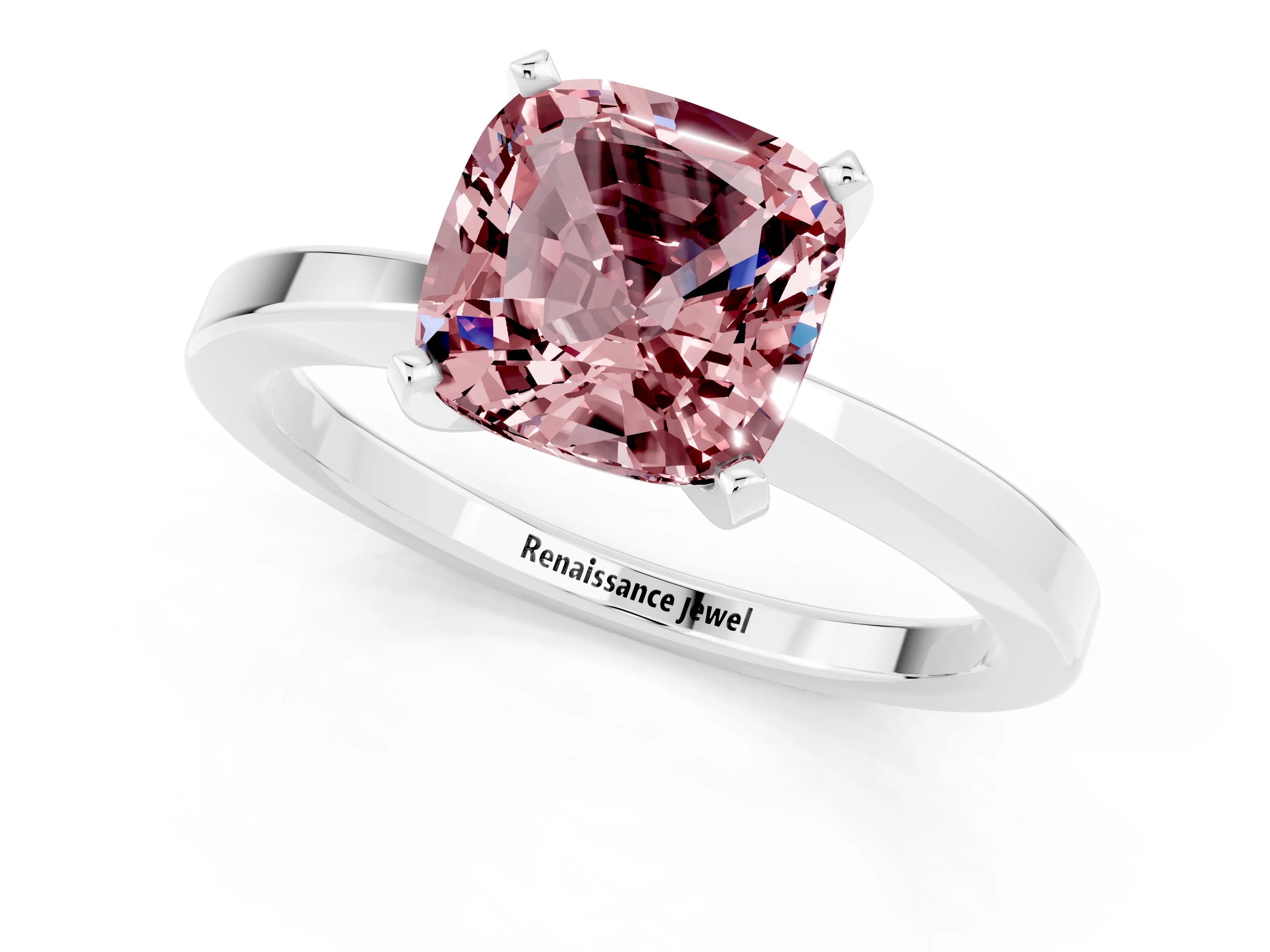 White gold Cushion Cut Morganite Solitaire Engagement Ring with Classic Band and Four-Prong Setting_25