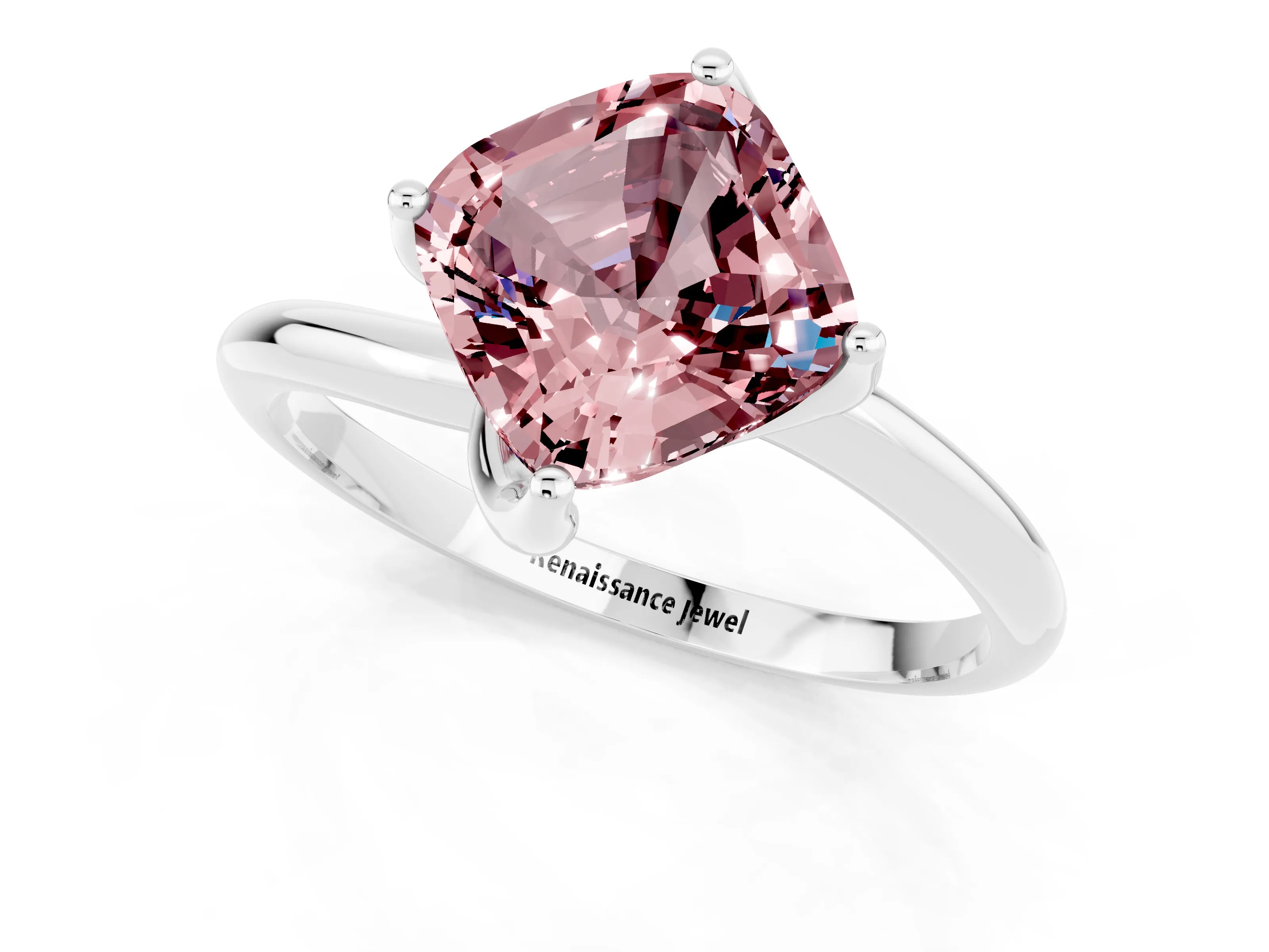 White gold Cushion Cut Morganite Solitaire Engagement Ring with Four-Prong Setting and Classic Band_13