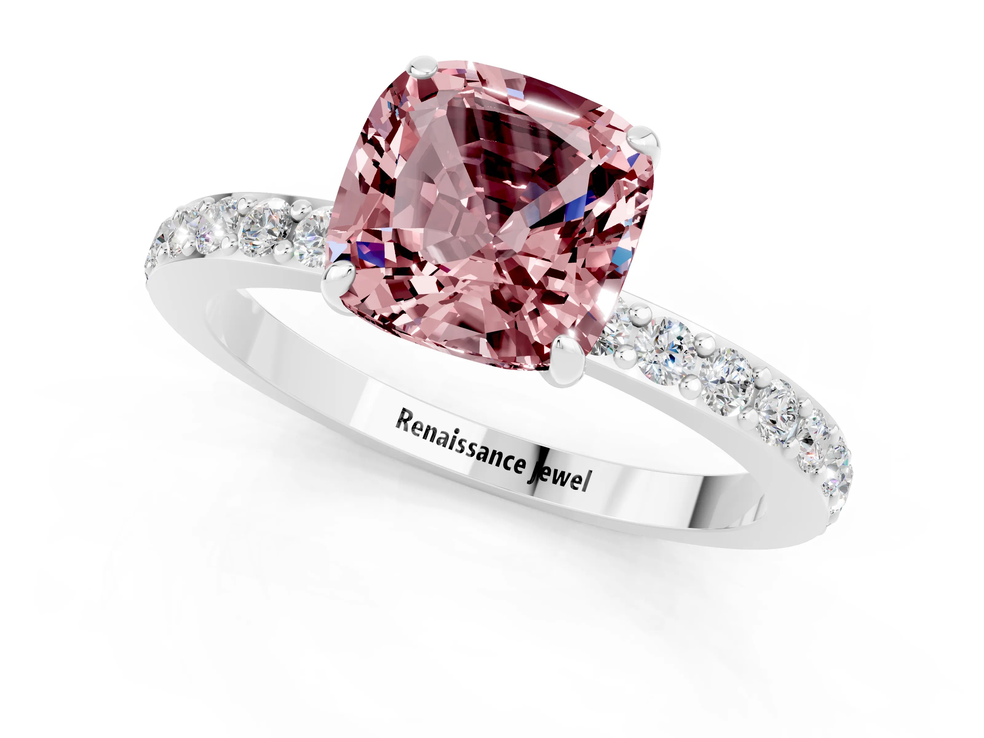 White gold Cushion Cut Morganite Solitaire Engagement Ring with Pavé Band and Four-Prong Setting_1