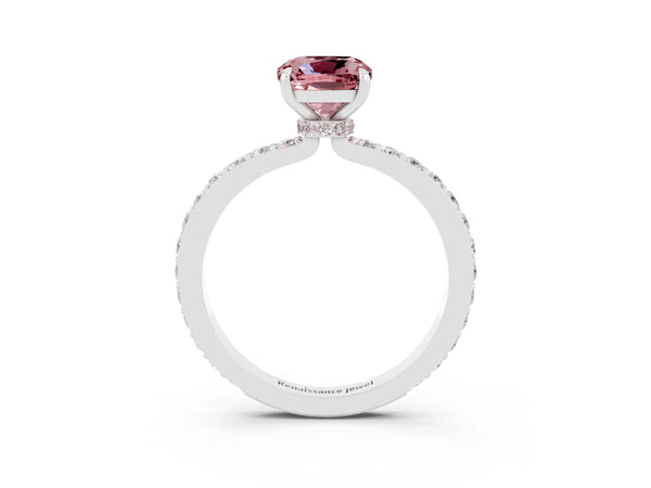 White gold Cushion Cut Morganite Solitaire Engagement Ring with Pavé Band and Four-Prong Setting