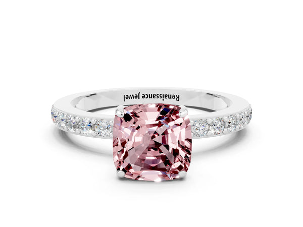 White gold Cushion Cut Morganite Solitaire Engagement Ring with Pavé Band and Four-Prong Setting