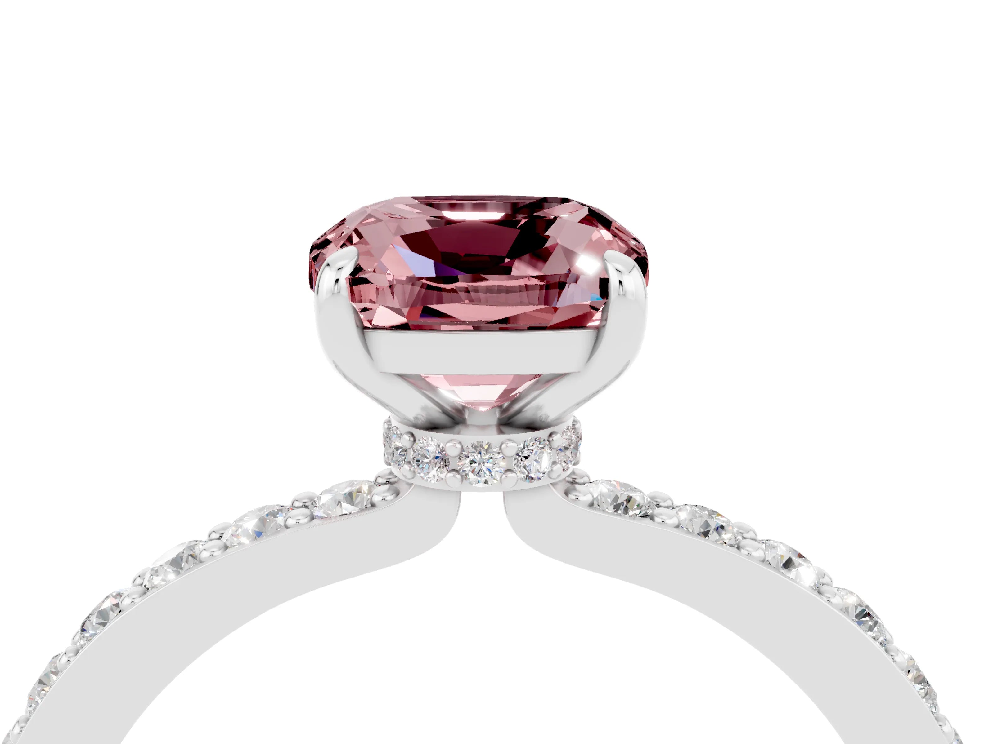 White gold Cushion Cut Morganite Solitaire Engagement Ring with Pavé Band and Four-Prong Setting_4