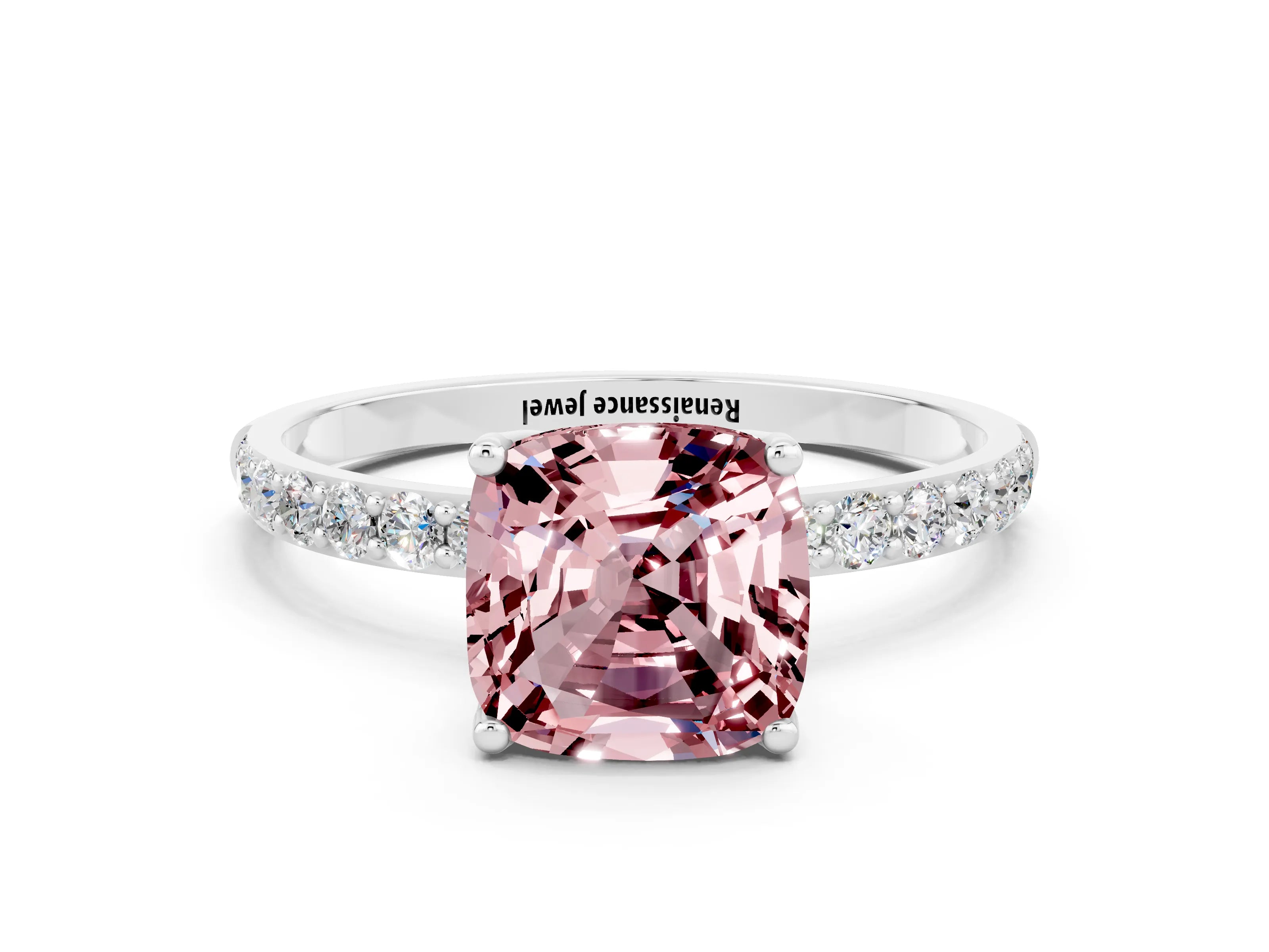 White gold Cushion Cut Morganite Solitaire Engagement Ring with Pavé Band and Prong Setting
