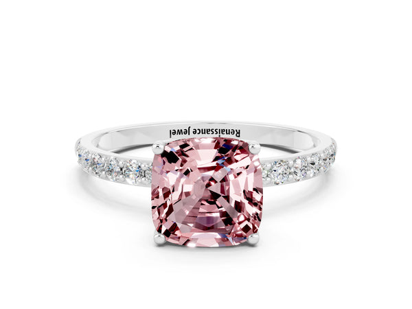 Platinum Cushion Cut Morganite Solitaire Engagement Ring with Round  Pavé Band and Prong Setting