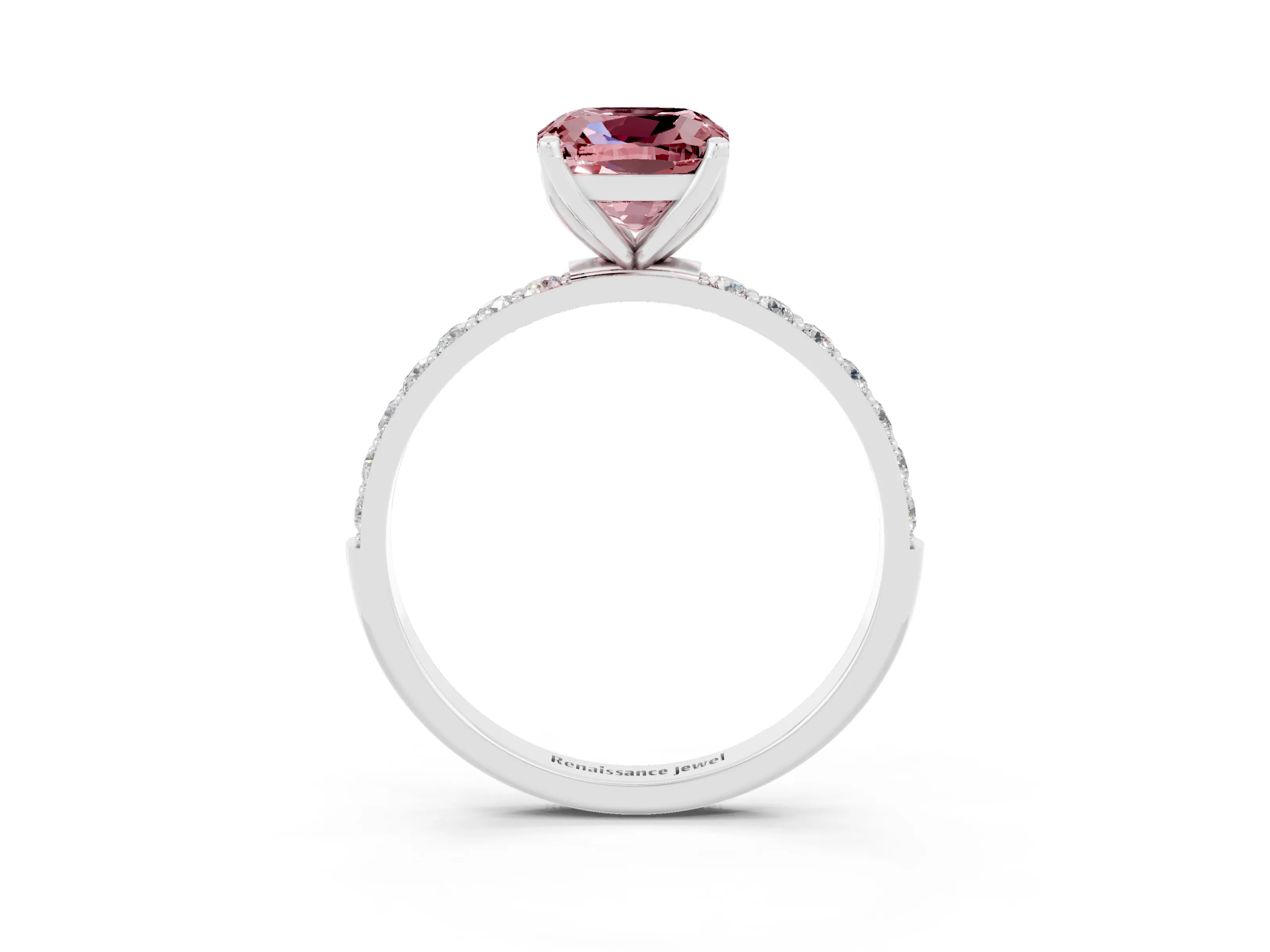 White gold Cushion Cut Morganite Solitaire Engagement Ring with Pavé Band and Prong Setting_3