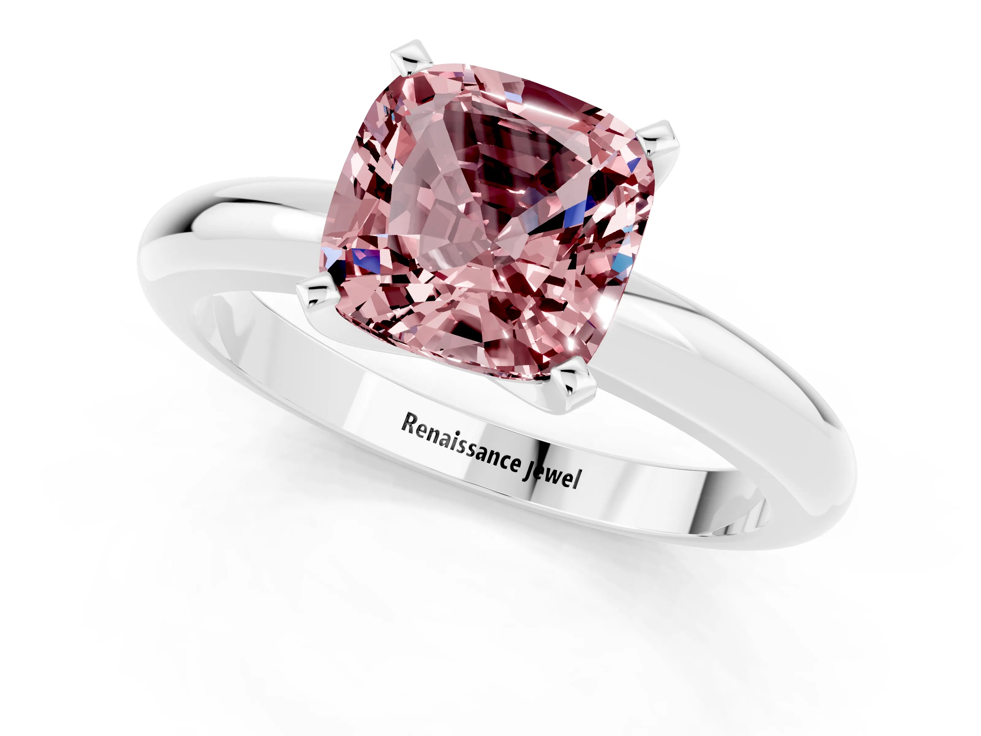White gold Cushion Cut Morganite Solitaire Engagement Ring with Round Band and Four-Prong Setting_1