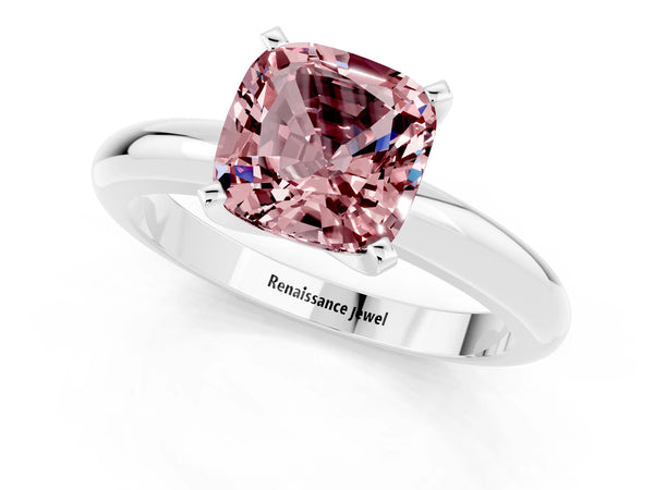 White gold Cushion Cut Morganite Solitaire Engagement Ring with Round Band and Four-Prong Setting