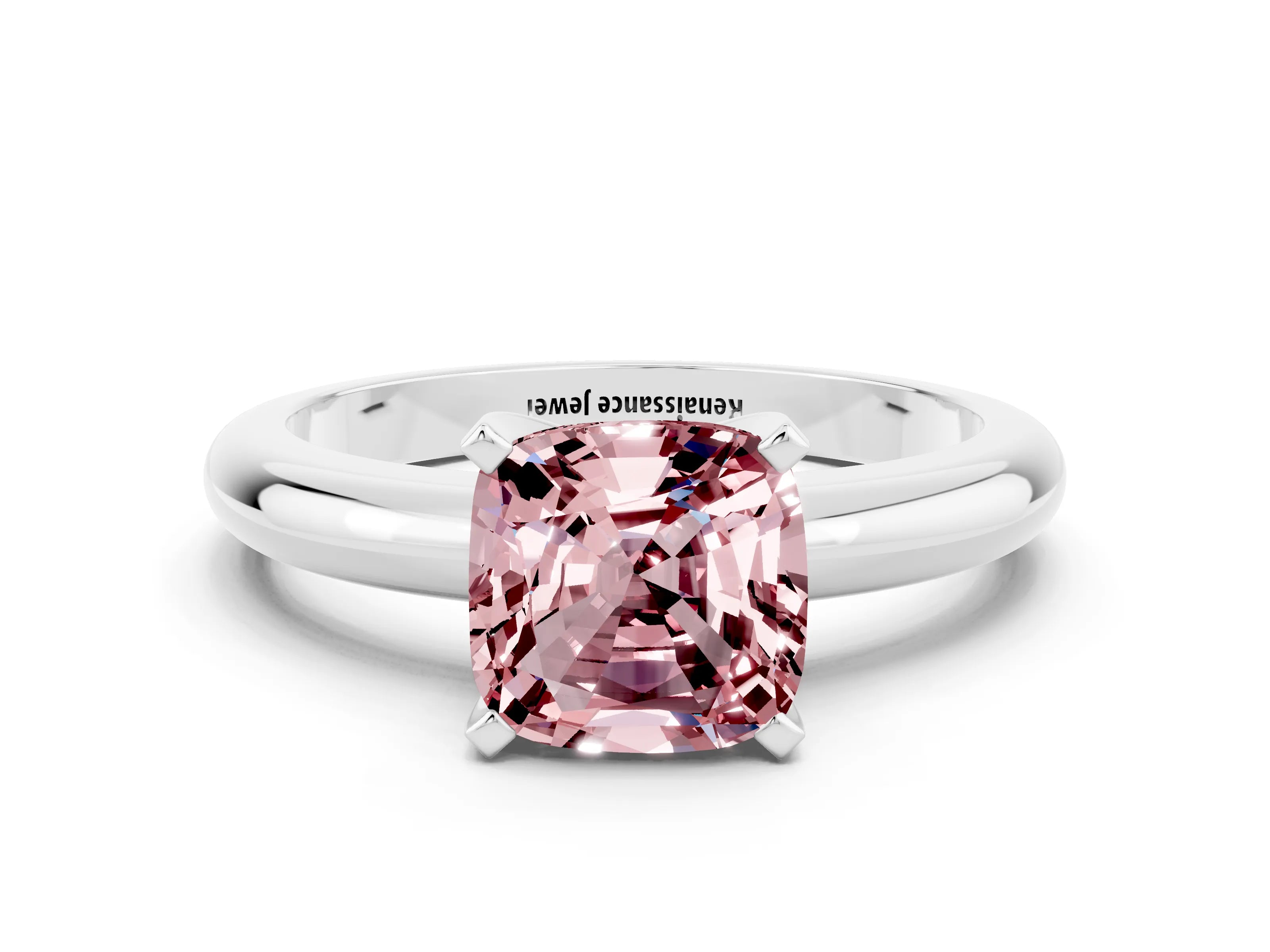 White gold Cushion Cut Morganite Solitaire Engagement Ring with Round Band and Four-Prong Setting