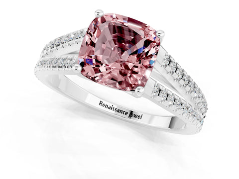 White gold Cushion Cut Morganite Solitaire Engagement Ring with Split Shank Pavé Band_1
