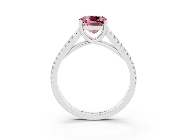Silver Cushion Cut Morganite Solitaire Engagement Ring with Split Shank Pavé Band